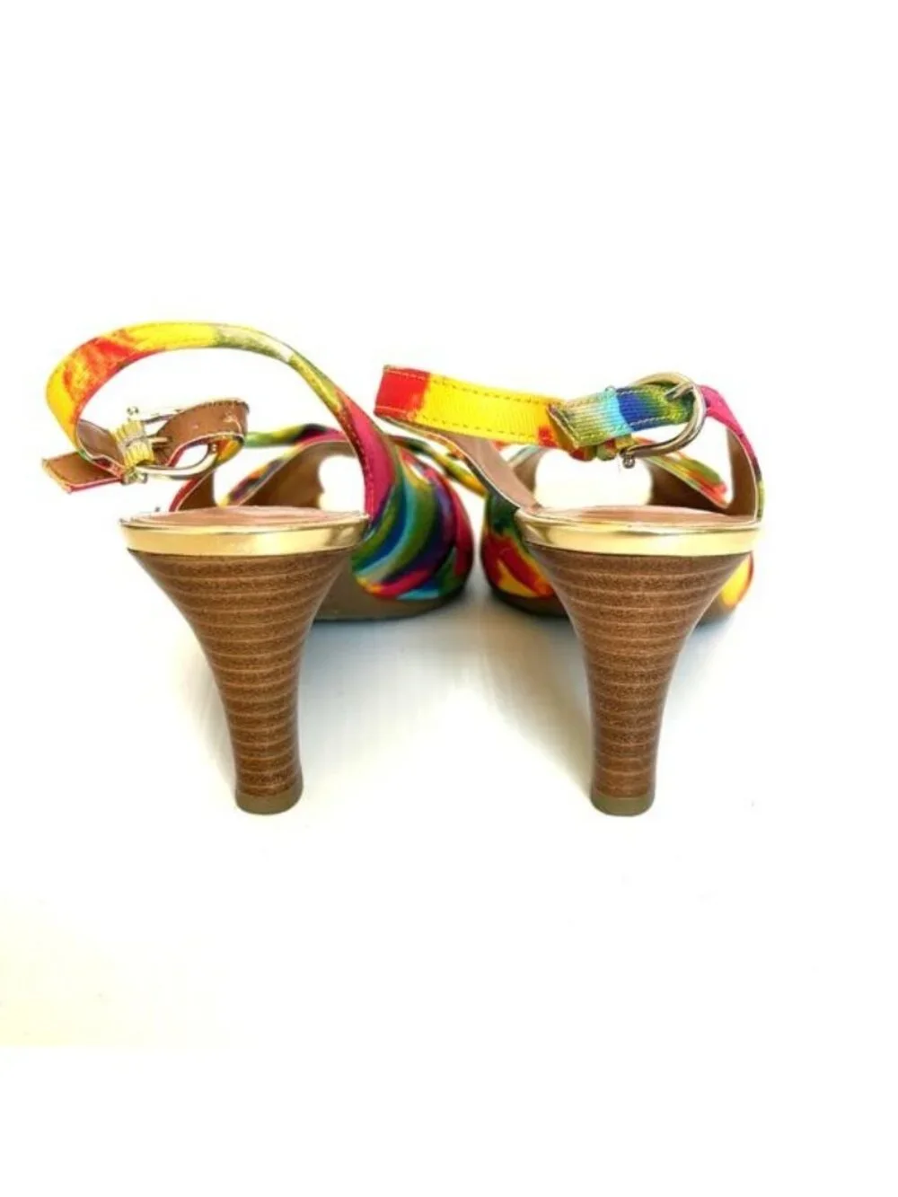 Etienne Aigner Heels Slingback Floral Peep Toe Gold Trim Women’s 5.5 Shop Worn - Picture 2 of 9